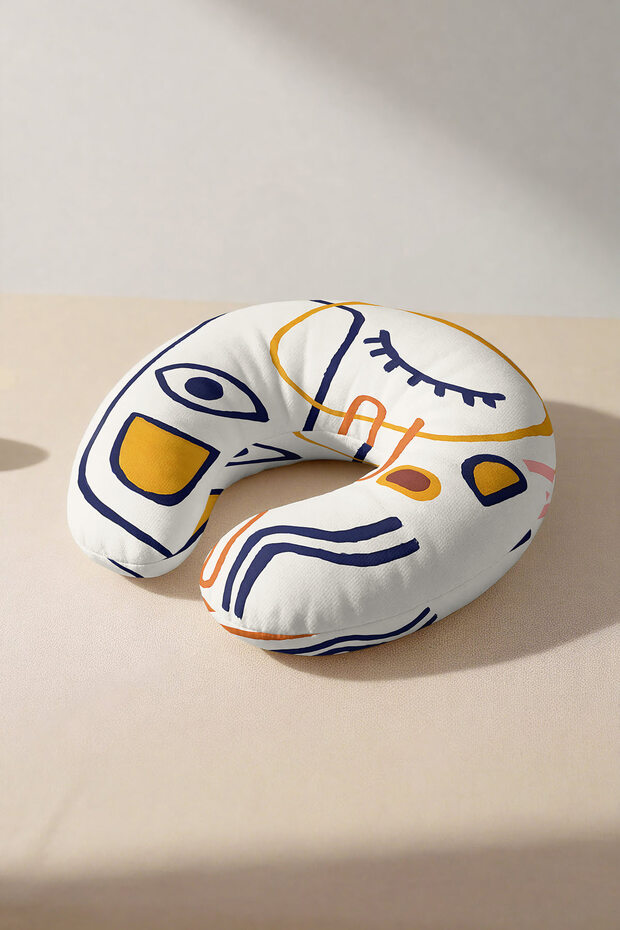 Abstract Face Stripes Ergonomic Neck Pillow - Modern Art Navy Blue Yellow Travel Pillow