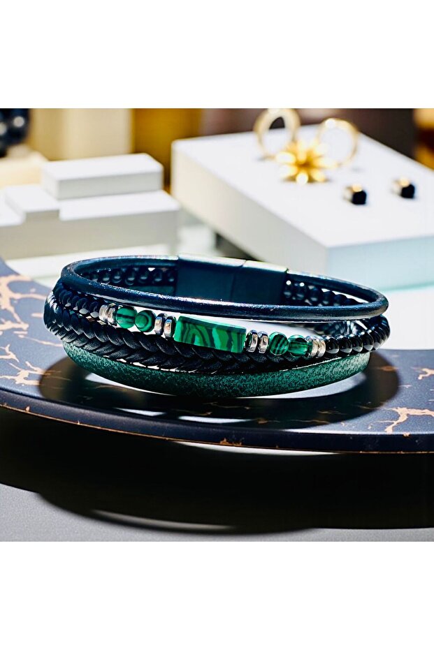 Men's Genuine Leather Natural Stone Magnetic Clasp Braided Bracelet