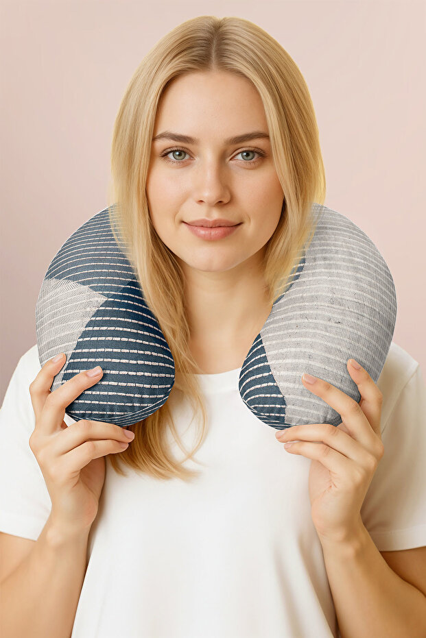 Striped Modern Ergonomic Neck Pillow - Minimalist Gray Navy Blue Adult Travel Pillow