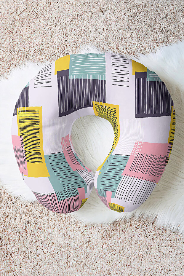 Modern Geometric Pattern Cotton Neck Pillow - Colorful Line Pink Yellow Travel Pillow