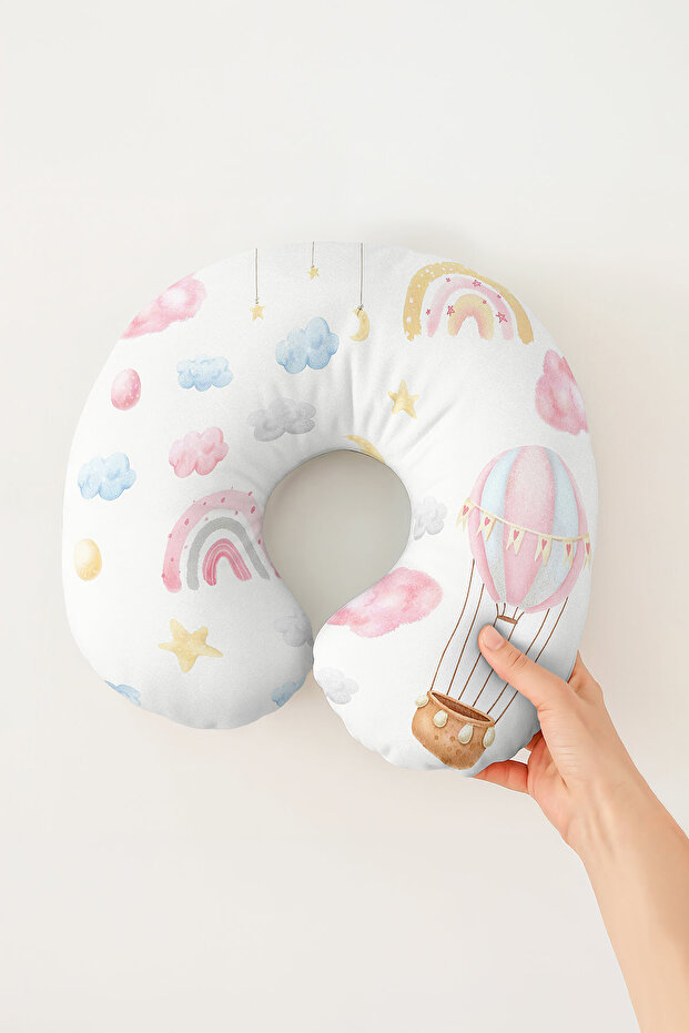 Pastel Fairy Tale Themed Cotton Neck Pillow - Pink Yellow Blue Travel Pillow with Sky Figure