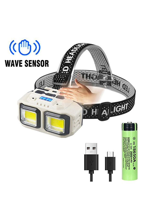 مصباح أمامي قوي مزود بمستشعر بطارية COB LED ومنفذ USB قابل لإعادة الشحن وبطارية 18650 ومقاوم للماء