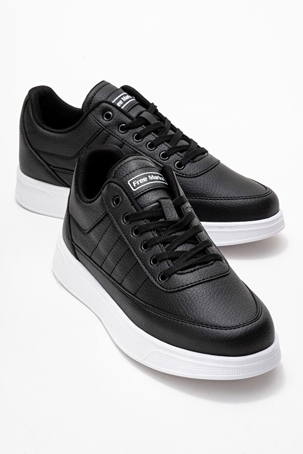 Men's Lace-Up Sneakers with Side Stitching; Black White