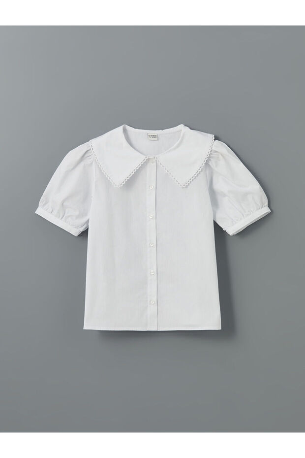 Beyaz Regular Fit Poplin Pencere İşlemeli Kız Çocuk Gömlek - 1