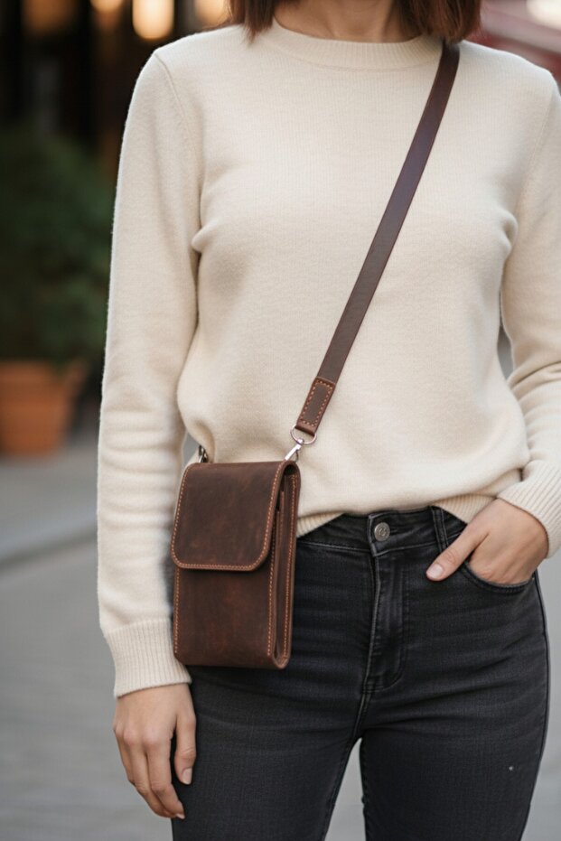 Genuine Leather Phone Bag Crossbody Bag with Shoulder Strap Small Bag with Card Wallet Compartment Brown