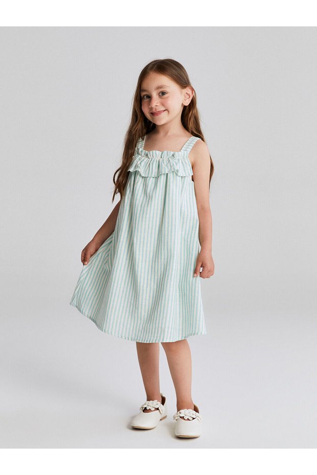 Two Mt Shop Quality Lcw Kids Blue Linen Blend Striped Girls' Dress