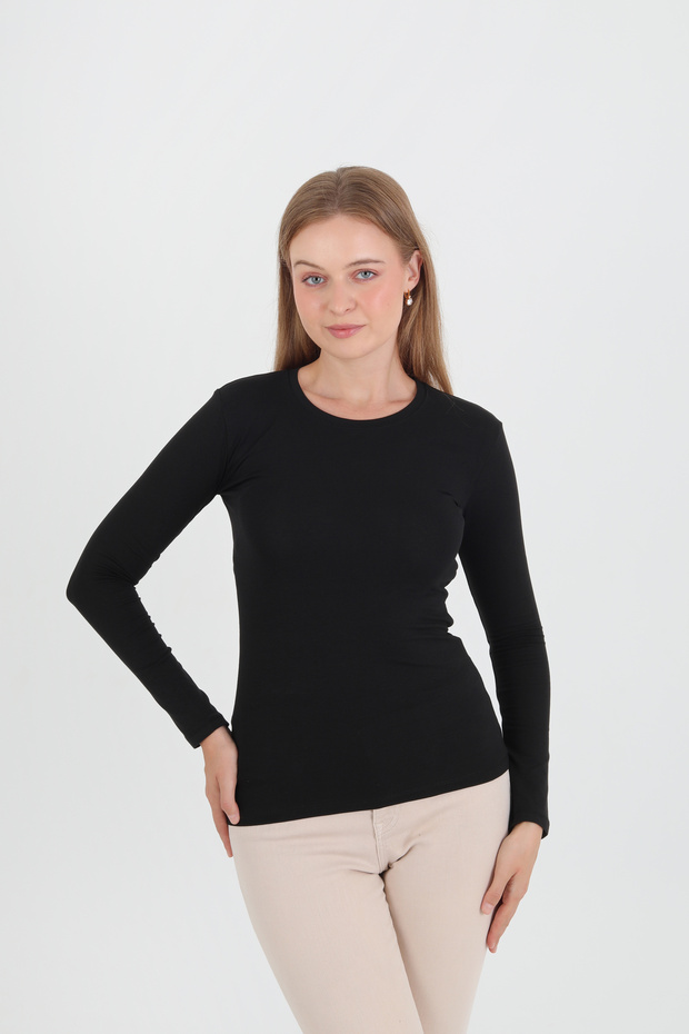 Crew Neck Black Long Sleeve Blouse/Bodysuit