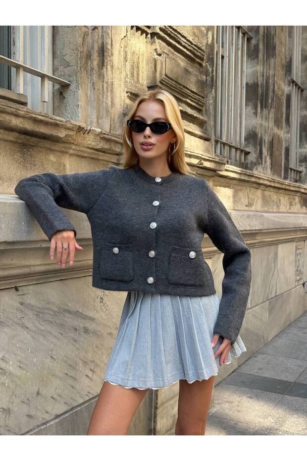 Anthracite Color Knitwear Women's Jacket with Silver Button Pocket Detail