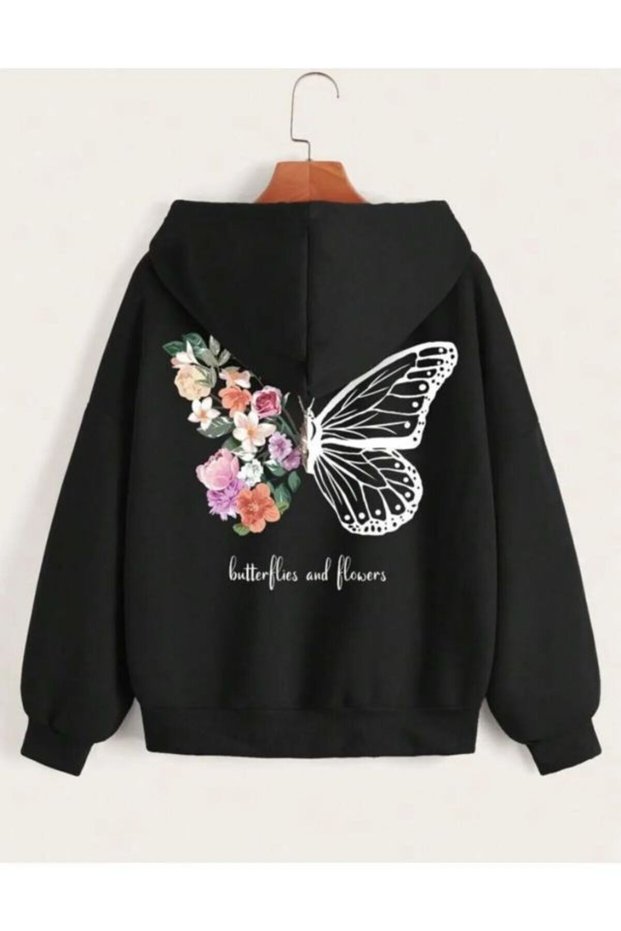 Children's Colorful Floral Butterfly Printed Black Zipper Cardigan