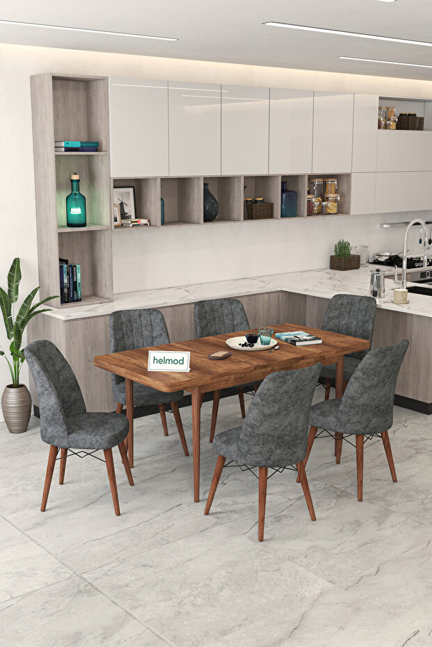 HELMOD 6 Kişilik Açılır Masa Sandalye Takımı Mutfak Masası Takımı Salon Masası Yemek Masası Takımı
