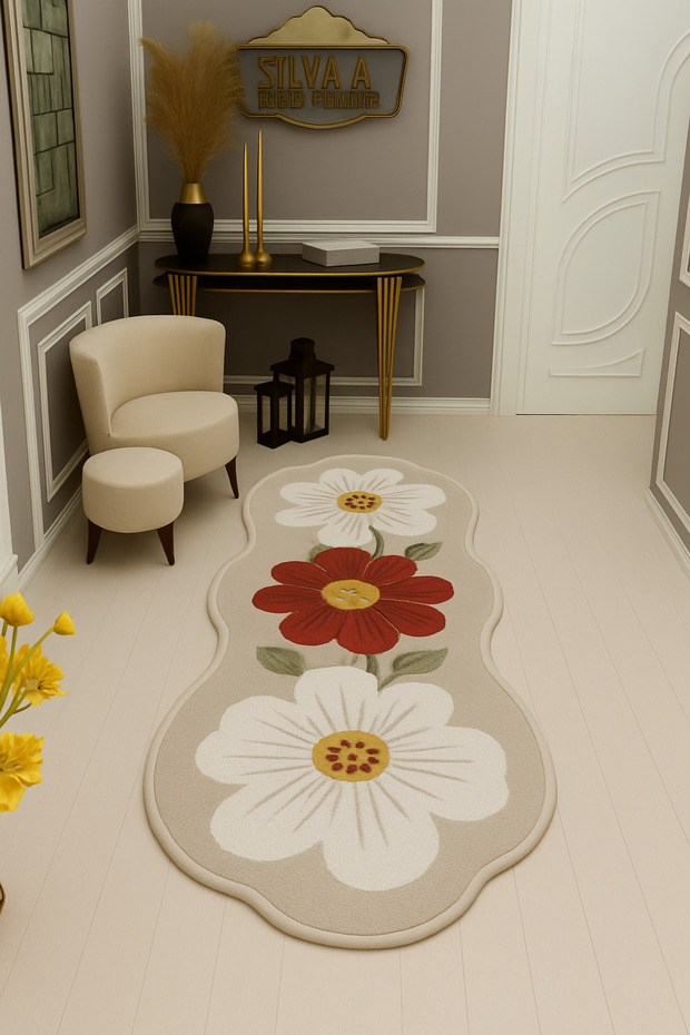 Mosso Beige Themed Floral Motifs Patterned Woven Base Modern Decorative Rug Mosso372