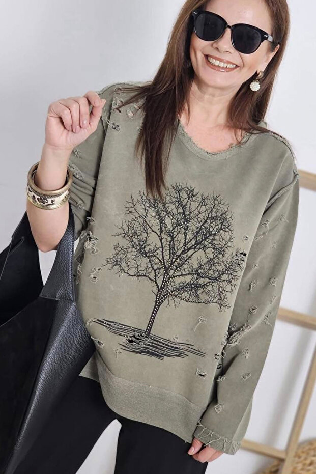 Women's Khaki Metal Studs Tree Patterned Distressed/Ripped Detail Casual Oversize Sweatshirt