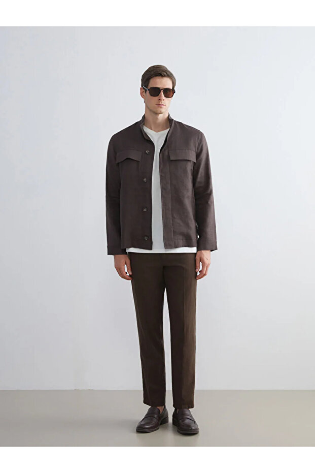 Southblue Brown Standard Fit Shirt Collar 100% Linen Men's Jacket