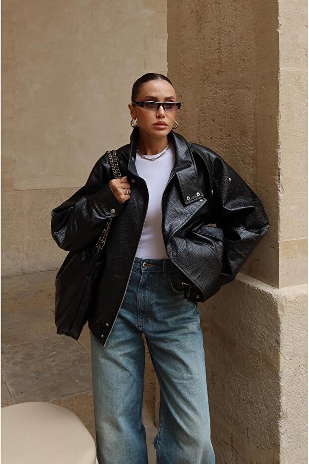 Černá bunda z umělé kůže s límečkem - 6