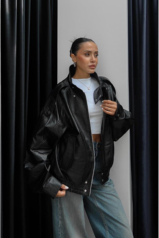 Černá bunda z umělé kůže s límečkem - 8