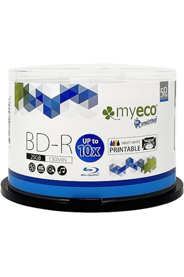 BD-R 25GB up to 10x – white inkjet hub printable, 50-pack spindle