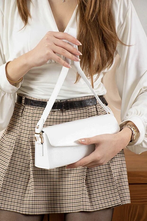 White Green Leather Small Baguette Women's Hand and Shoulder Bag