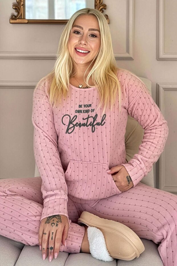 Açık Pembe Beautiful Desenli Kanguru Cepli Peluş Polar Pijama Takımı - 1