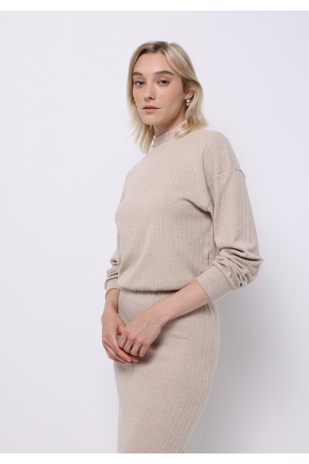 Regular Fit Stand Collar Plain Women's Beige Long Sleeve T-Shirt