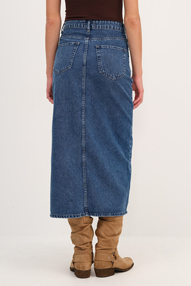 Yırtmaçlı Denim Midi Etek E249 - 5