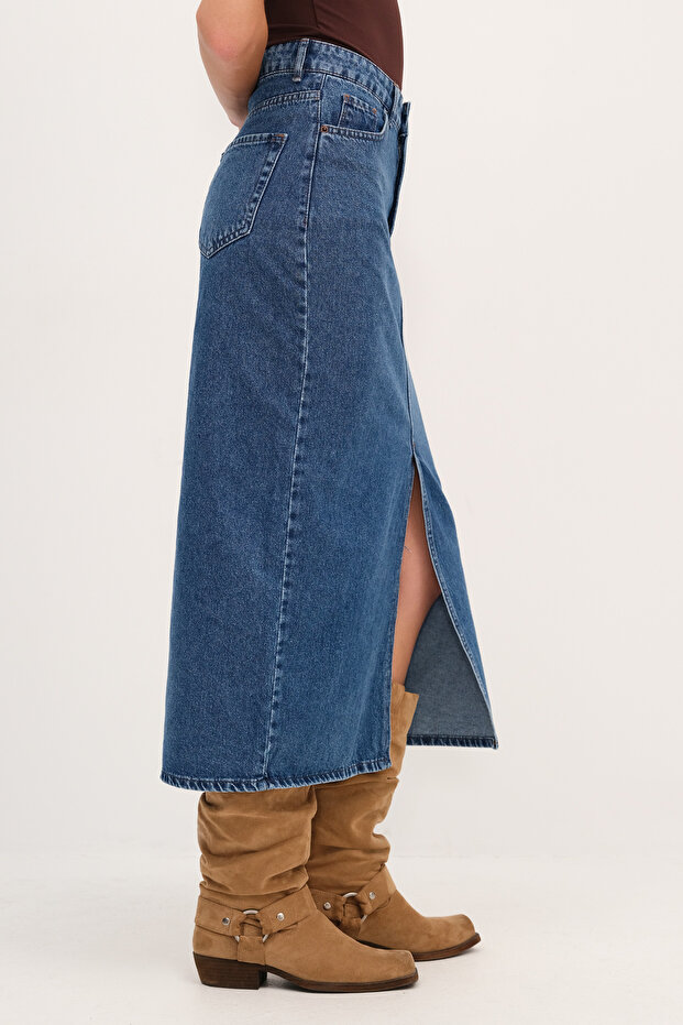 Yırtmaçlı Denim Midi Etek E249 - 4