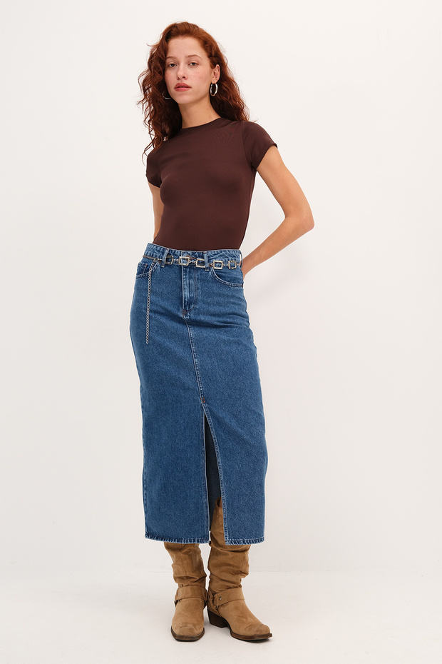 Yırtmaçlı Denim Midi Etek E249 - 1
