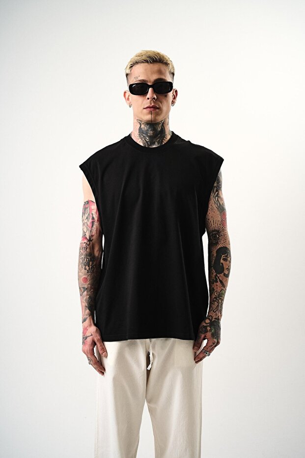 Ανδρικό μπλουζάκι Basic Zero Sleeve Oversize Μαύρο - 1