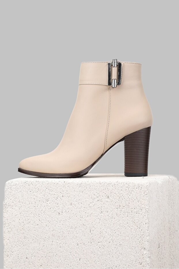 Women's Beige Genuine Natural Leather Size 36-41 Thick Heel Buckle Boots & Booties