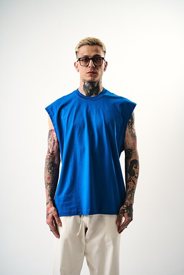 Ανδρικό μπλουζάκι Basic Zero Sleeve Oversize Μπλε - 1