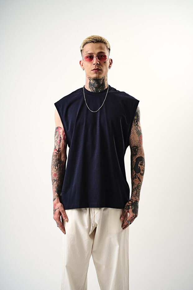 Ανδρικό μπλουζάκι Basic Zero Sleeve Oversize Indigo - 1