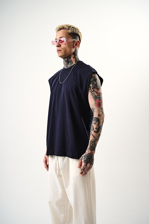 Ανδρικό μπλουζάκι Basic Zero Sleeve Oversize Indigo - 2