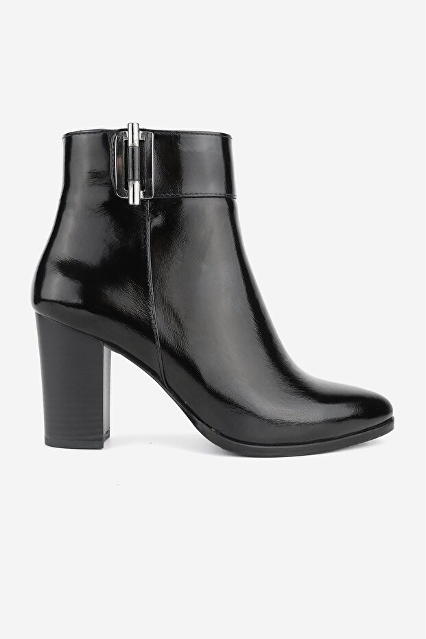 Women's Black Patent Leather Genuine Natural Leather Size 36-41 Thick Heel Buckle Boots & Booties