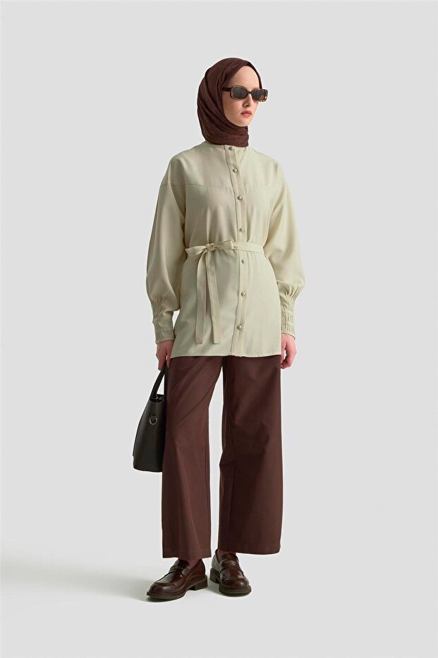 Nervürlü Oversize Tunik 25KD9013 Bej - 2
