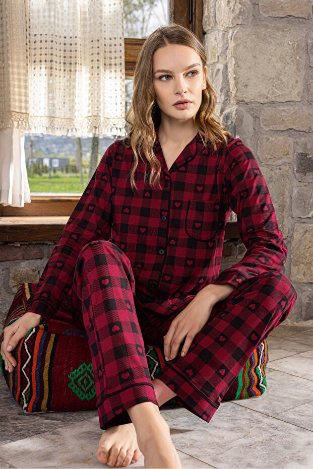 Women's Burgundy Black Checkered Cotton Pajama Set – Heart Pattern, Long Sleeve Comfortable Model