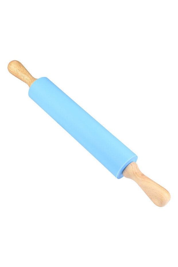 23.5x4.5cm blue Non-Stick Silicone Rolling Pin Wooden Handle Pastry Dough Flour Roller Kitchen Cooki