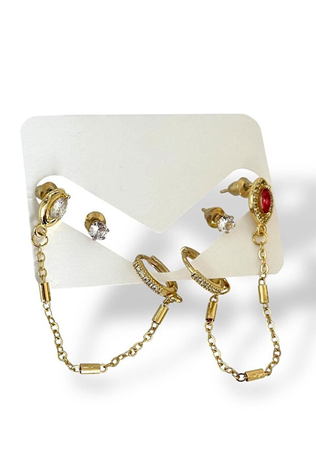 Gold Color Stone Detailed 6-Piece Earring Set