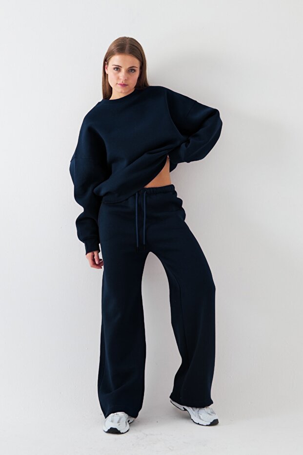 Unisex Oversize Tracksuit Set Basic Navy Blue – Crew Neck, Wide Legs, 3 Thread Fleece