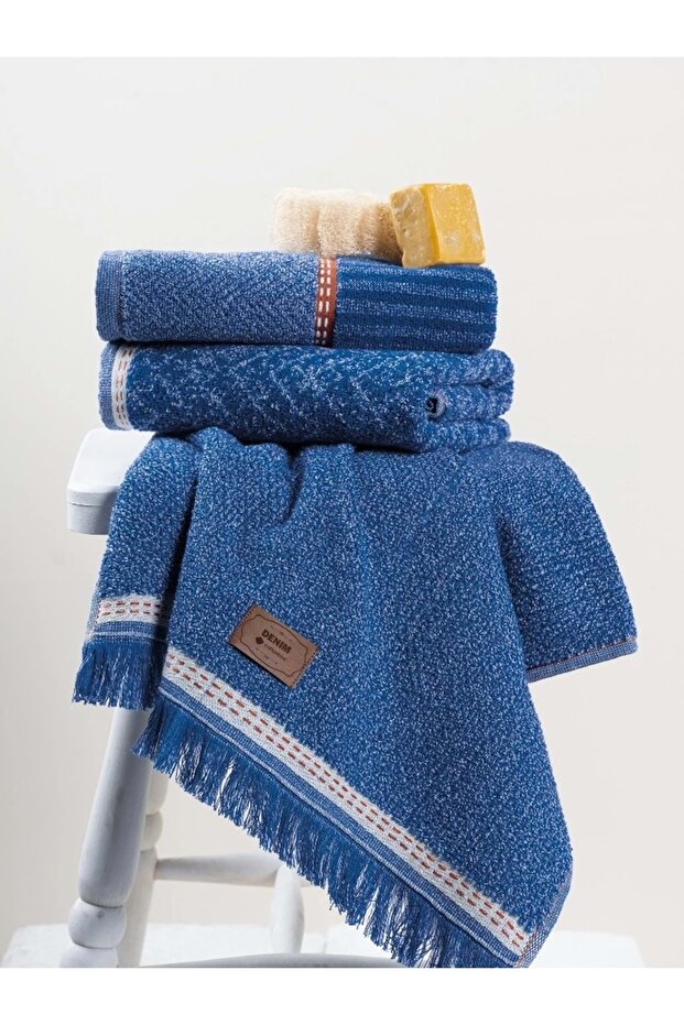 3-Piece Jacquard Towel Set with Bag (50X90)-Denim Blue