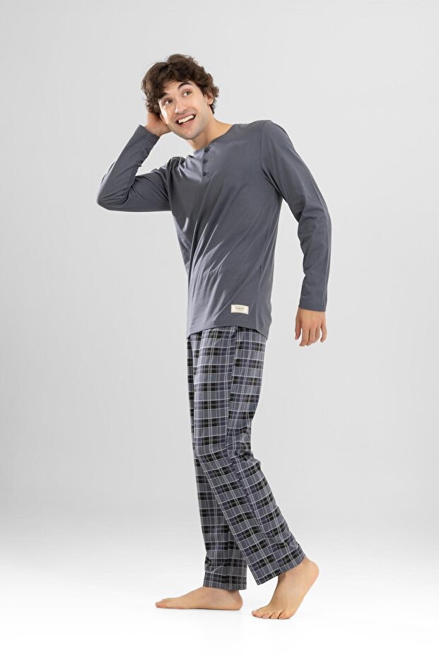Men's Cotton Crew Neck Printed Long Sleeve Pajama Set 9804 Gray