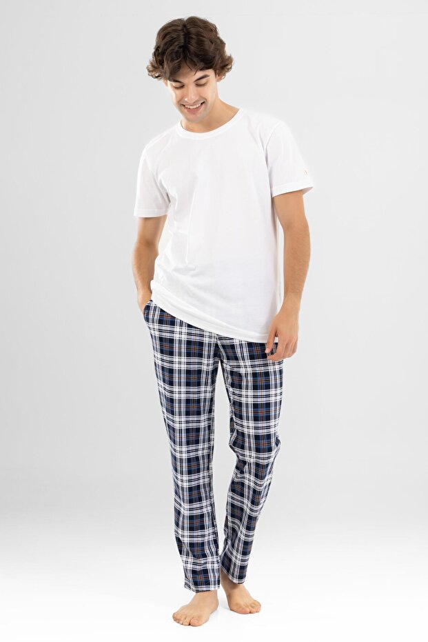 Men's Cotton Crew Neck Printed Short Sleeve Plaid Pajama Set 9800 White
