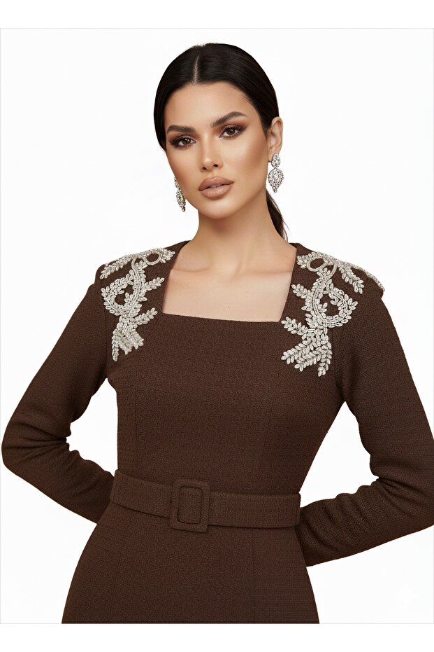 Women's Imported Tweed Fabric Stone Embroidered Lined Special Design Midi Dress