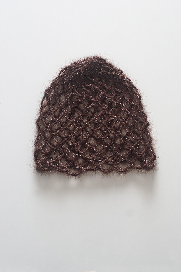 Handmade Mesh Knit Glitter Seasonal Hat - Women's Mesh Beanie - Mesh Hat - Crochet, Brown