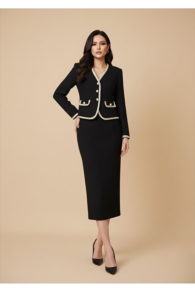 Women's Imported Tweed Fabric Button-Detail Lined Jacket Skirt Special Design Top and Bottom Set