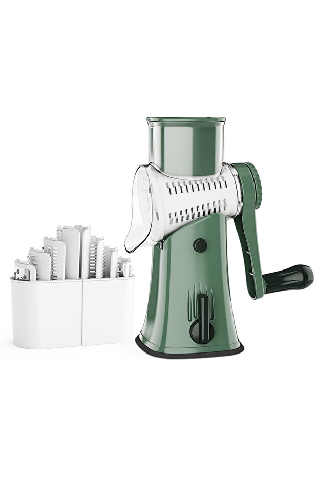 green LMETJMA 5 in 1 Rotary Cheese Grater Shredder Kitchen Mandoline Vegetable Julienne Slicer Waffl