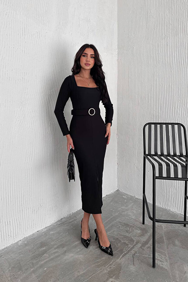 Women Square Neck Slit Detail Belted Midi Dress Nbk4317