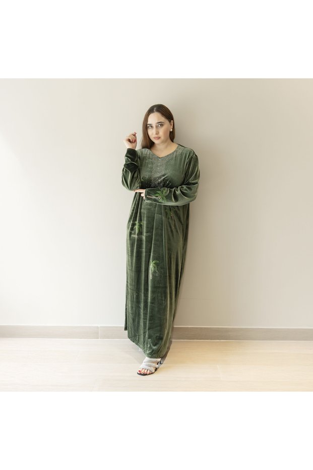 Ladies Winter Jalabiya – Green Velvet Look with Full Sleeves, Stone Detail,