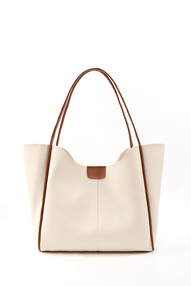 Cream - Tan Shk76 Large Size Women's Hand and Shoulder Bag with Snap Fastener, Wick Strap, and Faux Leather Makeup Bag