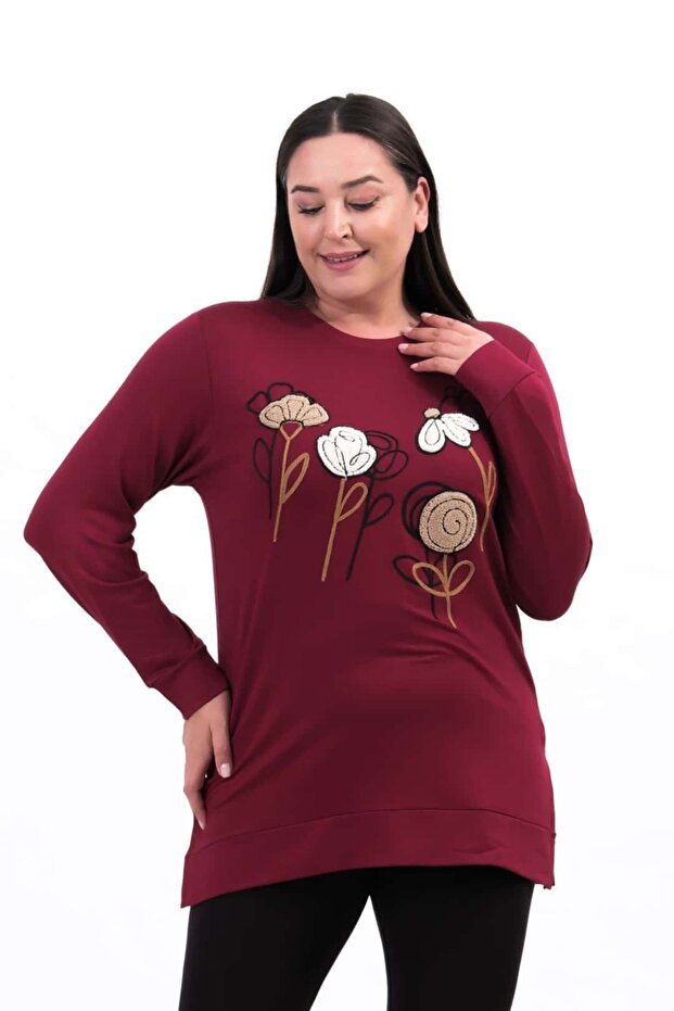 Women's Plus Size Crystal Fabric Crew Neck Floral Embroidered Slit Hijab Tunic