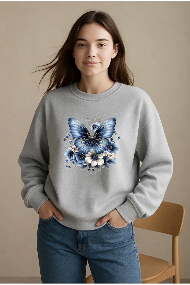 Blue Butterfly Flower Printed Oversize Unisex Women/Men Cropped Sweatshirt