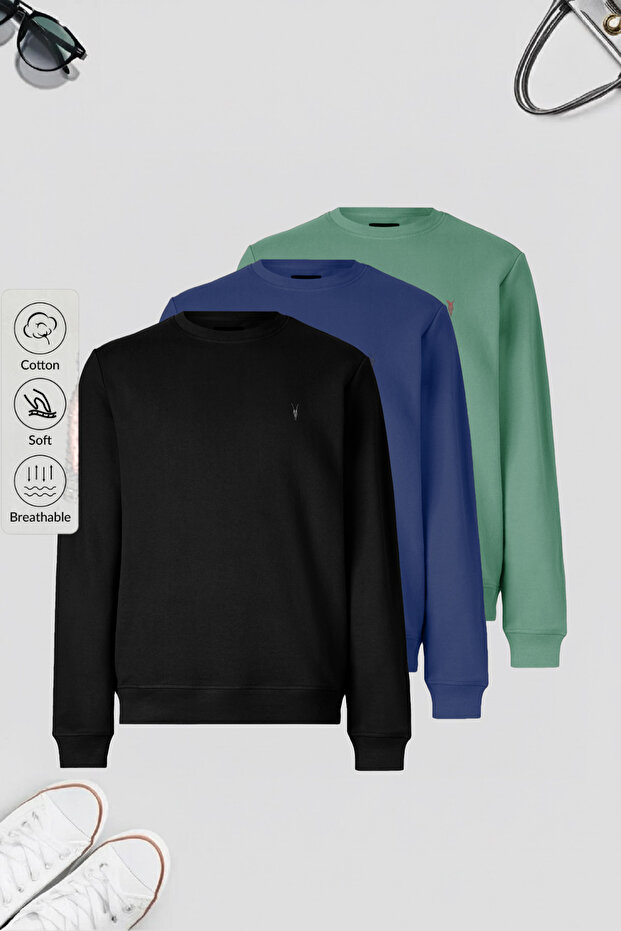 Erkek Basic Bisiklet Yaka Bol 3 Lü Swetshirt - 1
